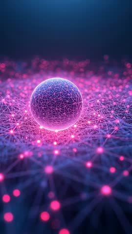 Glowing Orb Reacting to Pulsing Nodes, Brightening Neon Mesh Above Data Grid Vertical Video