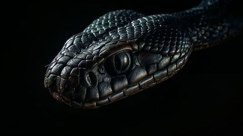 Glossy black king cobra head with scales in low lighting