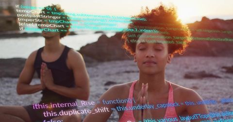 Tech-Inspired Wellness: Yoga on Beach with Digital Overlay
