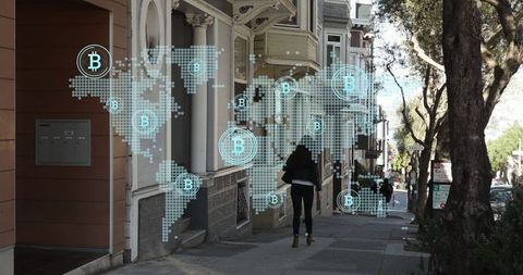 Global Cryptocurrency Network Concept on Urban Street