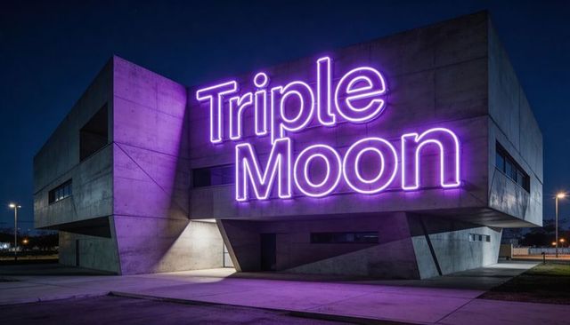 Brutalist concrete building glowing with purple neon triple moon sign at night plaza
