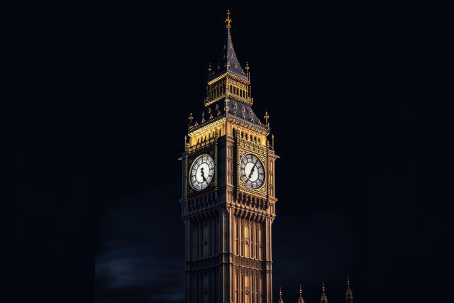 Big Ben clock tower glowing against dark sky in London. Iconic landmark perfect for travel and tourism materials, UK destinations, architectural features, and historic visuals.