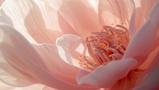 Soft Pale Pink Peony Macro Close-Up Showing Stamen Cluster and Translucent Backlit Petals
