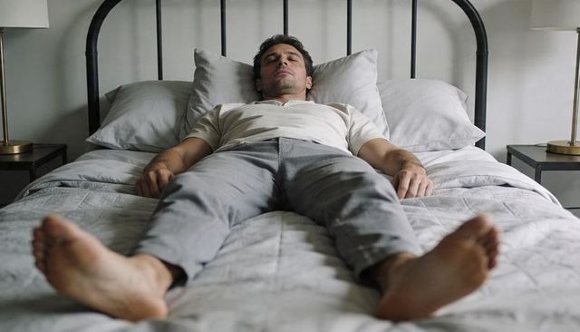 Man Resting Supine on Minimalist Bed with Metal Headboard for Calm and Recovery