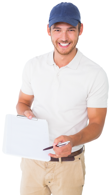 Happy Delivery Man Holding Clipboard on Transparent Background - Download Free Stock Videos Pikwizard.com