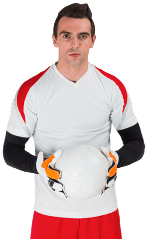 Confident Goalkeeper Poses in White Jersey with Soccer Ball and Gloves