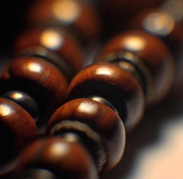 Close up of shiny blurred brown rosary on white background. Religion, faith and prayer concept.