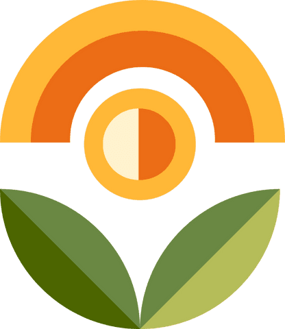 Eco sunrise icon with abstract leaves and orange sun on transparent background