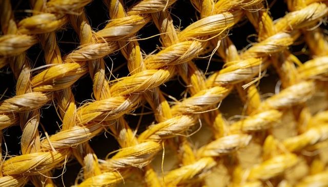 Macro woven yellow rope lattice featuring braided jute texture and frayed fibers