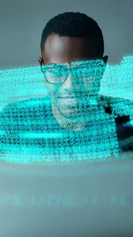 Vertical developer video coding behind teal holographic data band overlay with glow