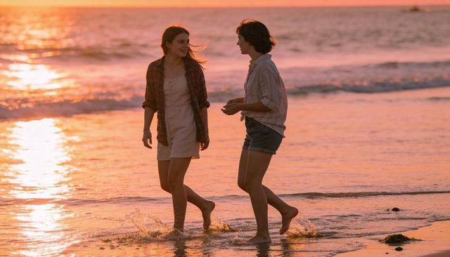 Two friends walking and chatting barefoot at sunset on reflective beach with ocean breeze