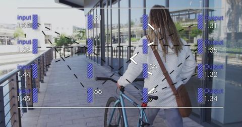 Urban commuter pushing bicycle with digital analytics interface