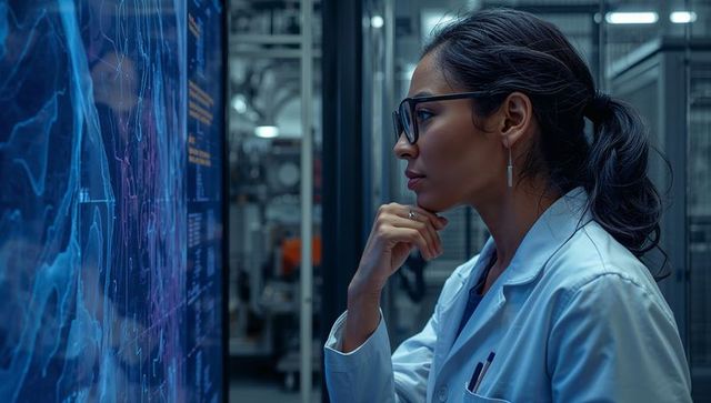Female scientist analyzing complex data on large blue digital display in high-tech lab