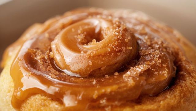 Glossy caramel-glazed cinnamon swirl bun macro close-up with coarse sugar crystals