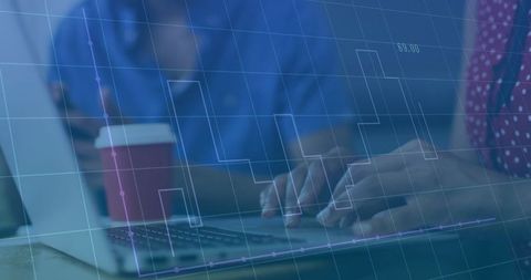 Collaborative business analysis with laptop and data overlay