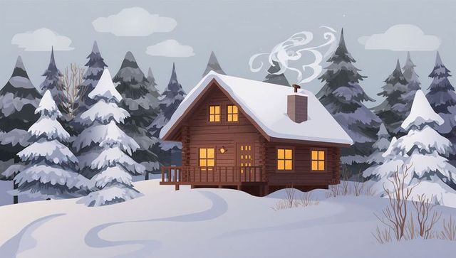 Glowing log cabin emitting smoke in snowy pine forest clearing at dusk, warm windows