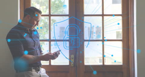 Digital Security Concept with Caucasian Man on Smartphone