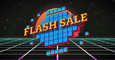 Retro Flash Sale Banner with Neon Grid and Cityscape