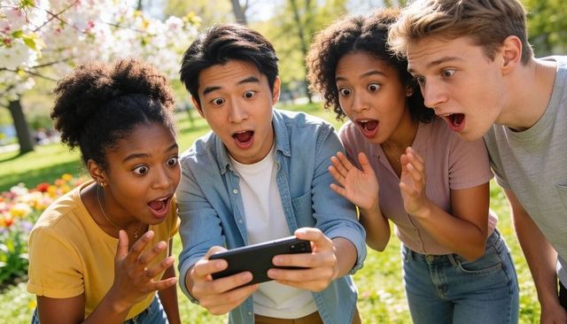 Young friends reacting with surprise while viewing smartphone in sunlit park with blossoms