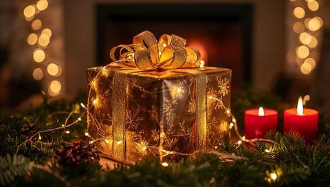 Gold wrapped gift box glowing with fairy lights and ribbon amid candlelit Christmas garland