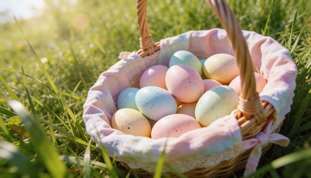 Pastel speckled easter eggs resting in wicker basket on sunlit meadow with lens flare