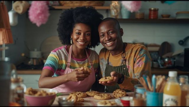Happy couple baking cookies in cozy kitchen setting