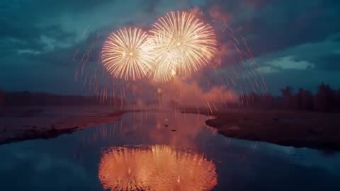 Bursting Fireworks Reflecting on Tranquil River at Dusk