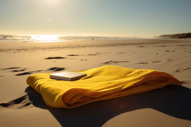 Yellow towel with pattern and book on beach, created using generative ai technology. Seaside landscape, vacation, leisure, summer and nature concept digitally generated image.