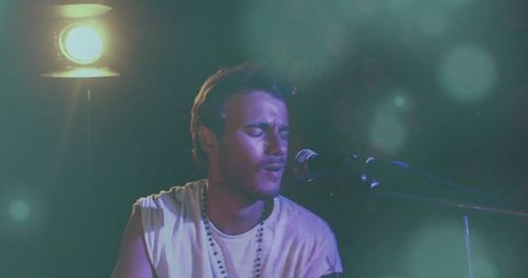 Singer on Stage with Spotlights and Microphone Retrofuturistic Vibe