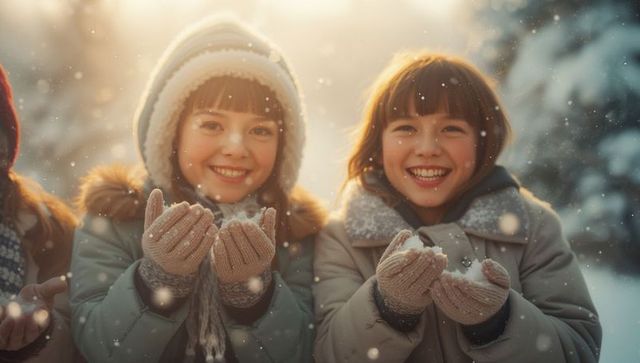 Joyful Siblings in Winter Wonderland with Snow and Knit Accessories
