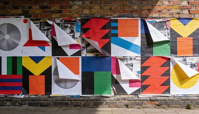 Displaying colorful geometric posters peeling on brick wall, revealing torn paper layers
