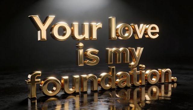 Shining gold 3d text 'your love is my foundation' on glossy black reflective floor