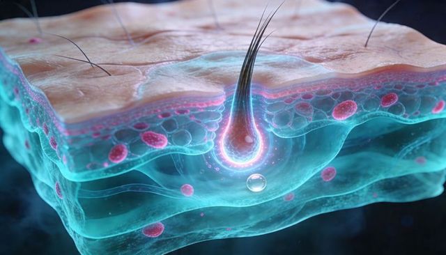 Visualizing human skin cross-section with illuminated hair follicle and cellular layers