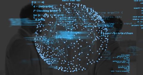 Business professionals studying holographic global data network with Python code overlay