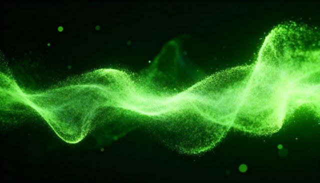 Neon Green Particle Wave Flowing Over Dark Background with Glowing Dust Specks