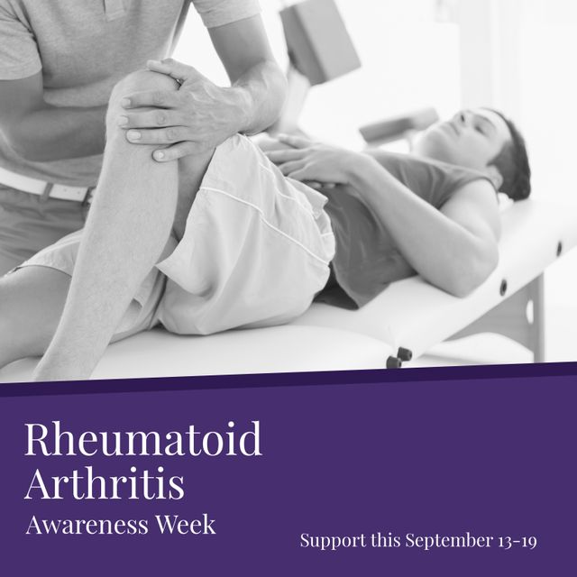 Physiotherapist massaging man's leg and rheumatoid arthritis awareness week, september 13-19 text. Caucasian, composite, text, disease, joints, autoimmune, healthcare, awareness and prevention.