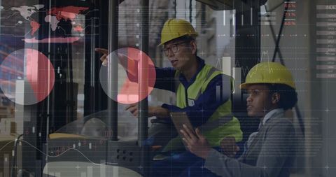 warehouse workers analyzing data overlaid with global analytics - Download Free Stock Images Pikwizard.com