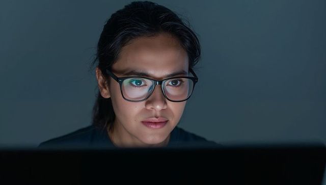 Focused woman working late on laptop with glasses reflecting screen and monitor glow