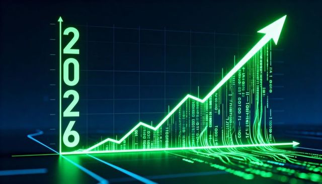 Futuristic neon green 2026 growth chart showing ai-driven data surge and rising arrow