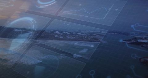 Aerial Coastal HUD Overlay Blending Futuristic Data Panels, Graphs and Grid Interface