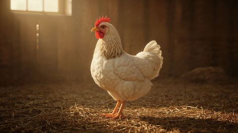 Serene White Hen in Sunlit Barn Environment