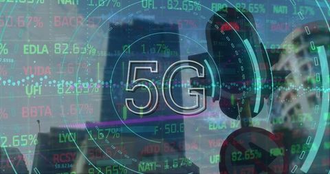 5g technology overlaid on financial data and cityscape