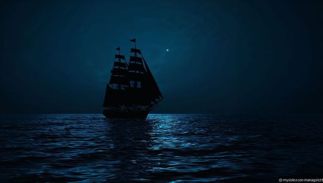 Silhouette of tall ship sailing under moonlight on calm sea