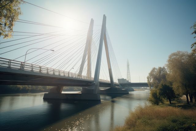 Bridge crossing river over trees and pylons, created using generative ai technology. Building, construction, architecture, digitally generated video.