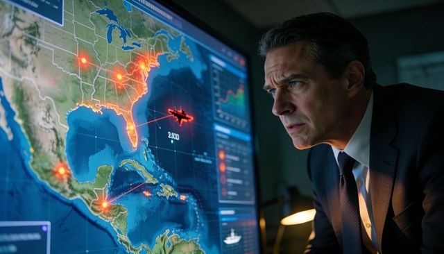 Executive monitoring threat map tracking flight path on interactive crisis dashboard