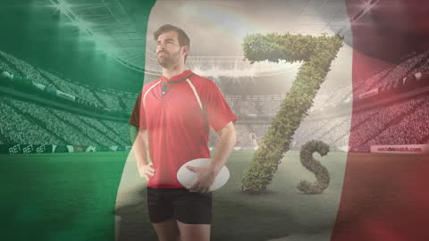 Italian Rugby Player on Field with Symbolic Elements