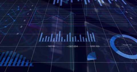 Futuristic Analytics Dashboard Displaying Blue Bar Charts, Line Plots and Donut Gauge