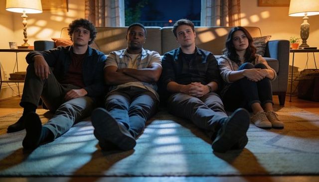 Four friends sitting on floor leaning against couch in cozy living room at night