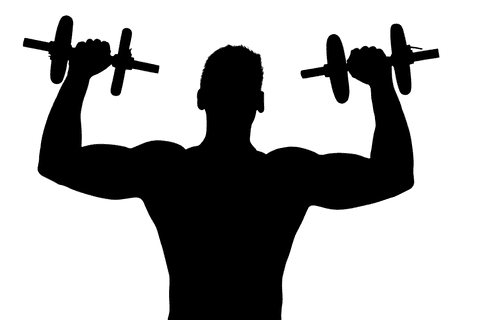 Transparent silhouette of man lifting dumbbells for fitness motivation