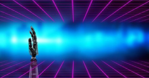 Robotic Hand Reaching Out in Futuristic Neon Grid